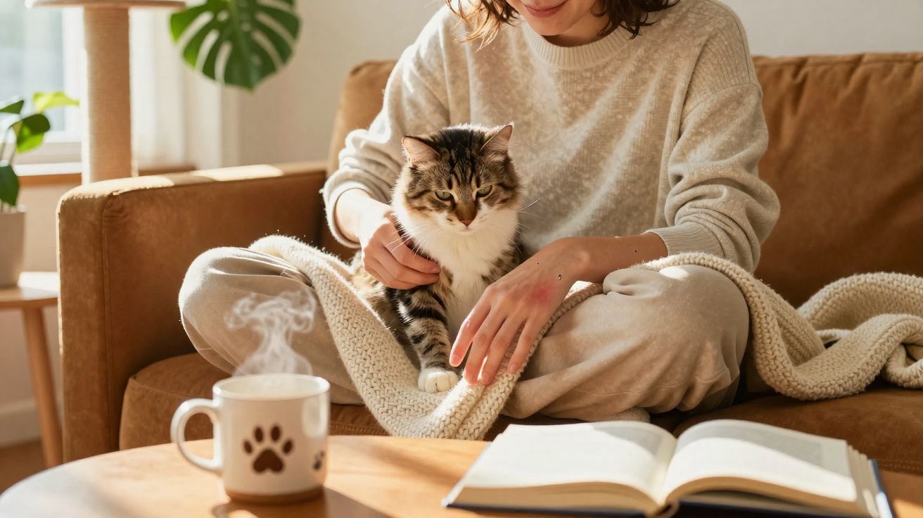 Pessoa acariciando gato no colo com livro aberto e xícara de café com vapor na mesa.