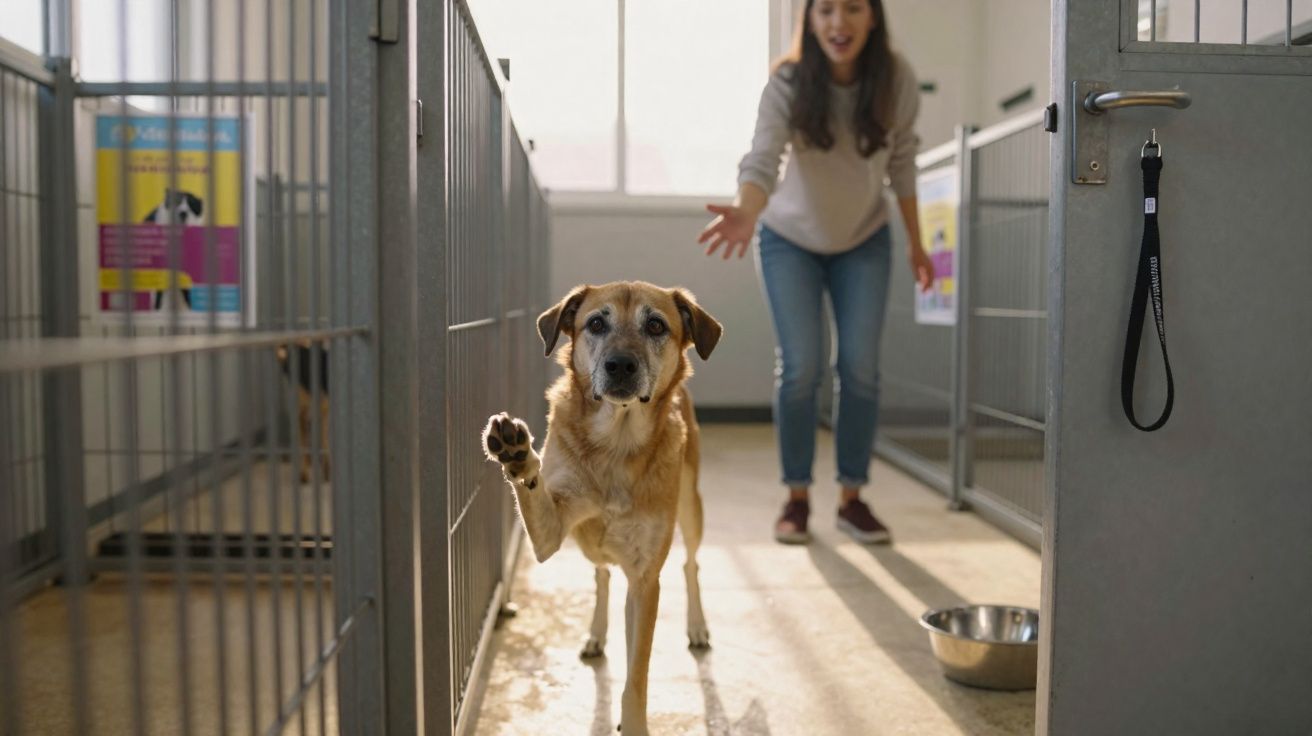 Cachorro levantando a pata dianteira em abrigo, com mulher ao fundo estendendo a mão.