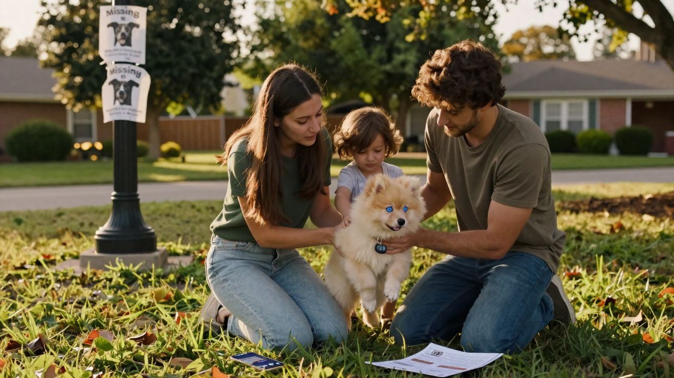 Família procura cão desaparecido no parque, segurando o cachorro e olhando para cartazes de busca.