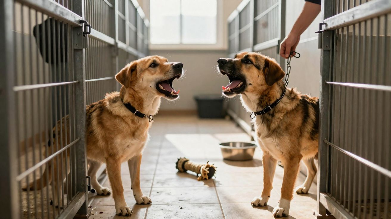 Dois cães em canil com coleiras, um sendo segurado por uma pessoa, brinquedo e tigela no chão.