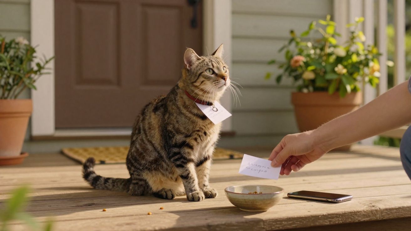 Gato sentado na varanda com coleira e bilhete, perto de pessoa entregando outro bilhete e tigela de comida.