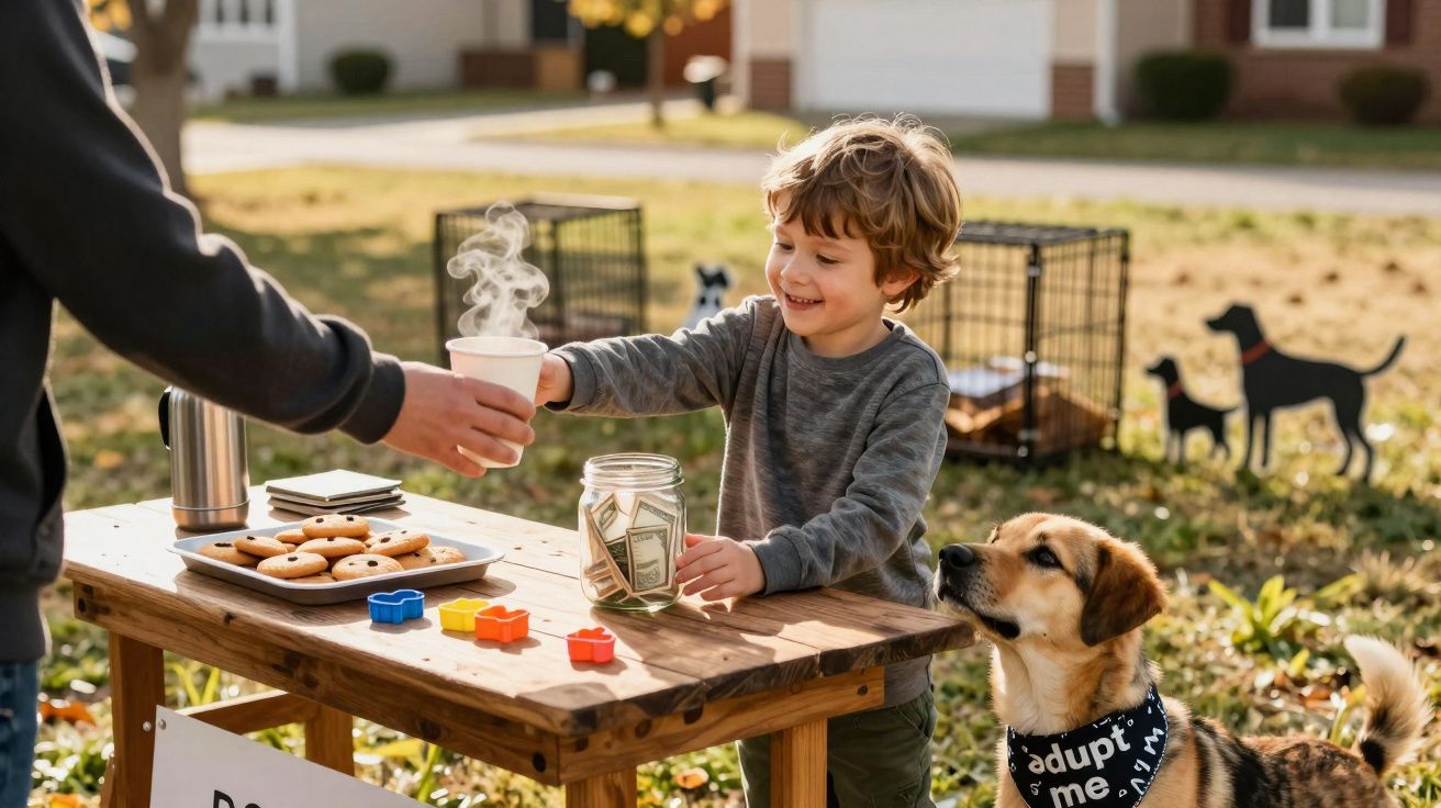 Menino sorridente vendendo biscoitos ao ar livre com cachorro usando bandana "adote-me" ao lado.