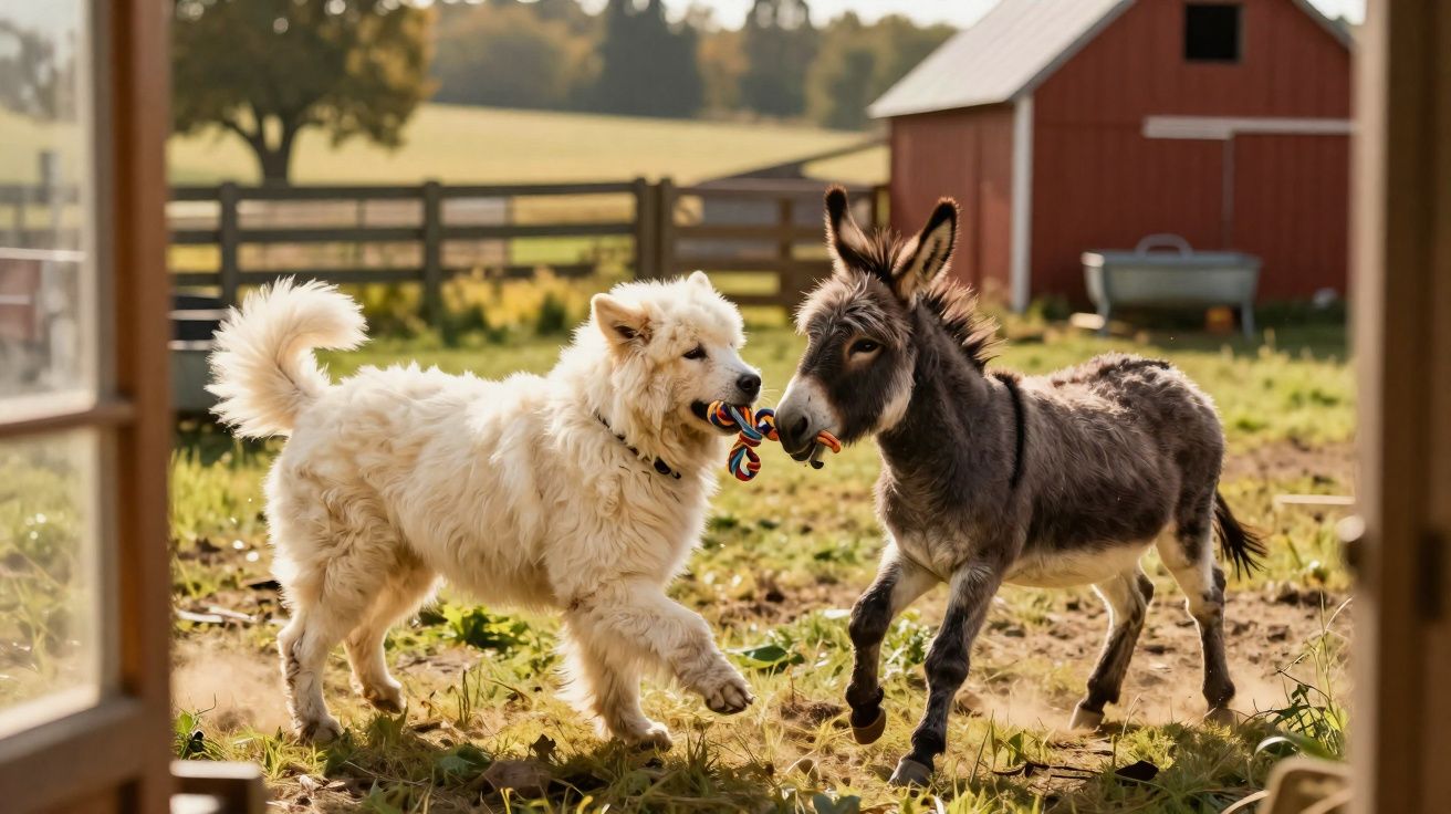 Cão branco e burrinho brincando juntos com brinquedo colorido em fazenda ensolarada.