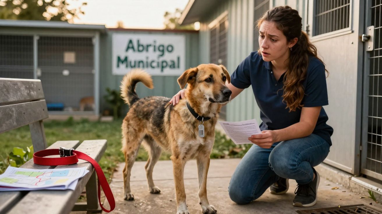 Mulher agachada acariciando cão próximo a abrigo municipal ao pôr do sol.