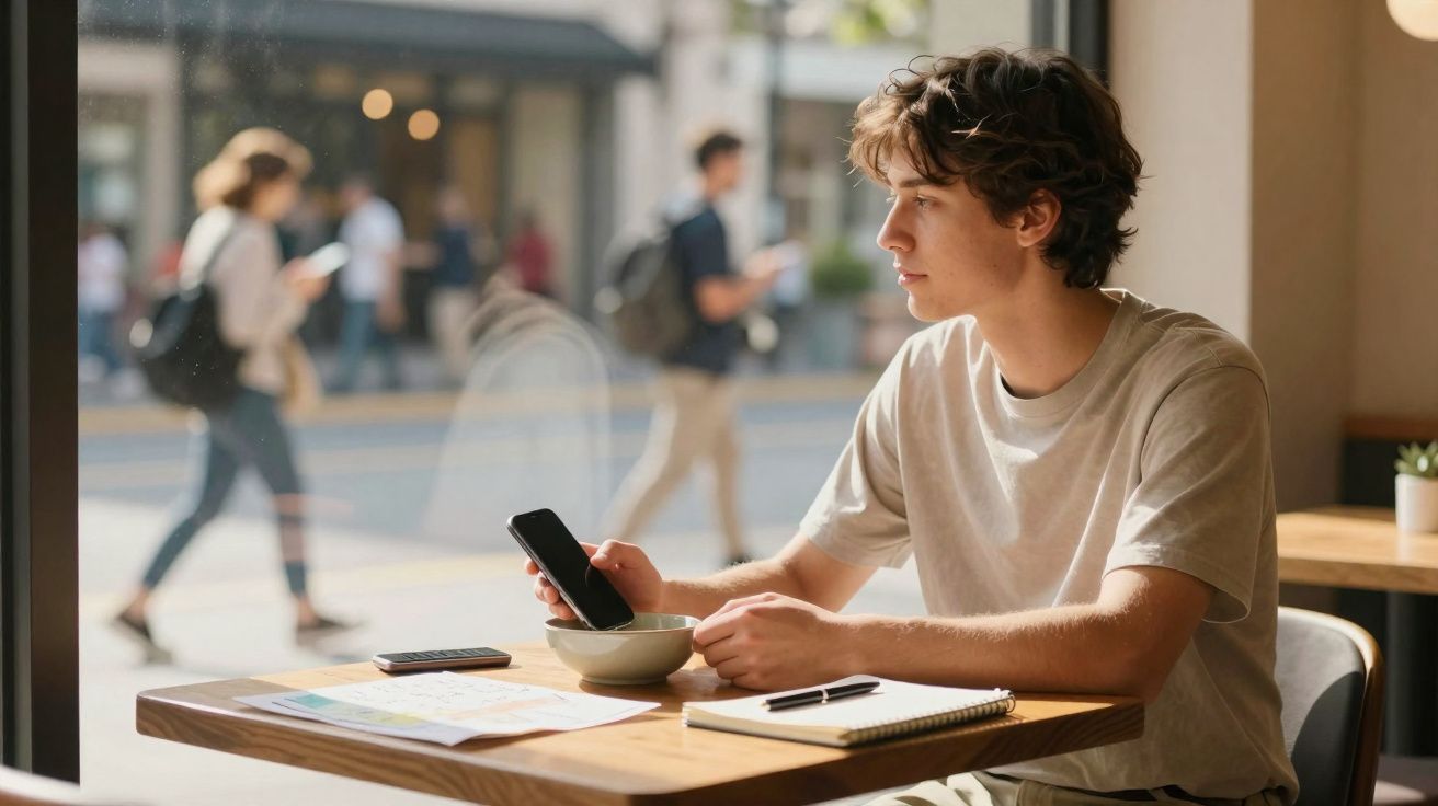 Jovem sentado em cafeteria, olhando pela janela e segurando um celular com caderno e documentos sobre a mesa.