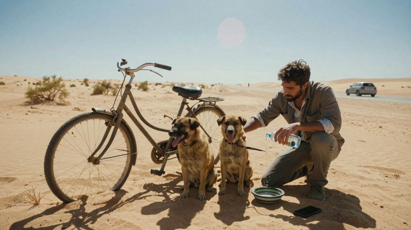 Homem em deserto com bicicleta oferece água para dois cães sentados na areia ao lado de um prato.