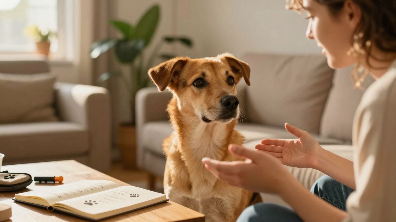 Mulher treinando cachorro marrom em sala de estar com caderno aberto em mesa à frente.