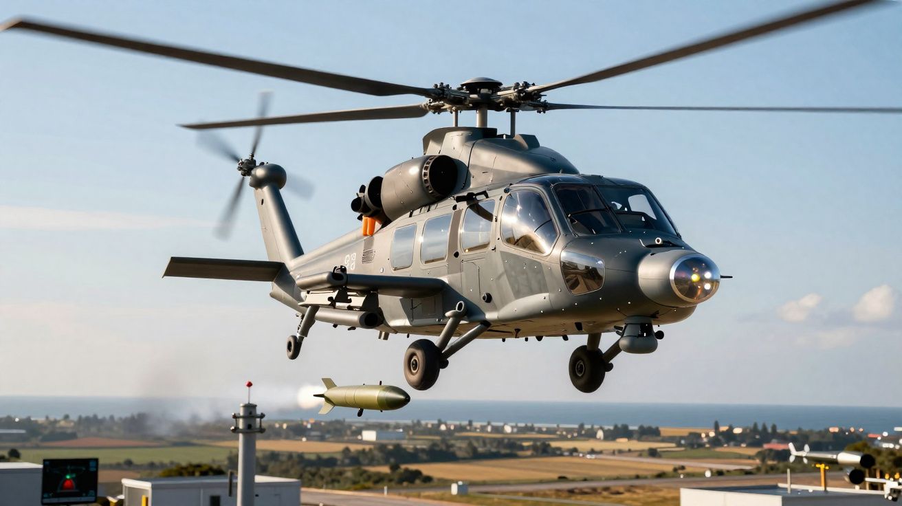 Helicóptero militar cinza lançando míssil sobre área rural com edifícios e mar ao fundo.