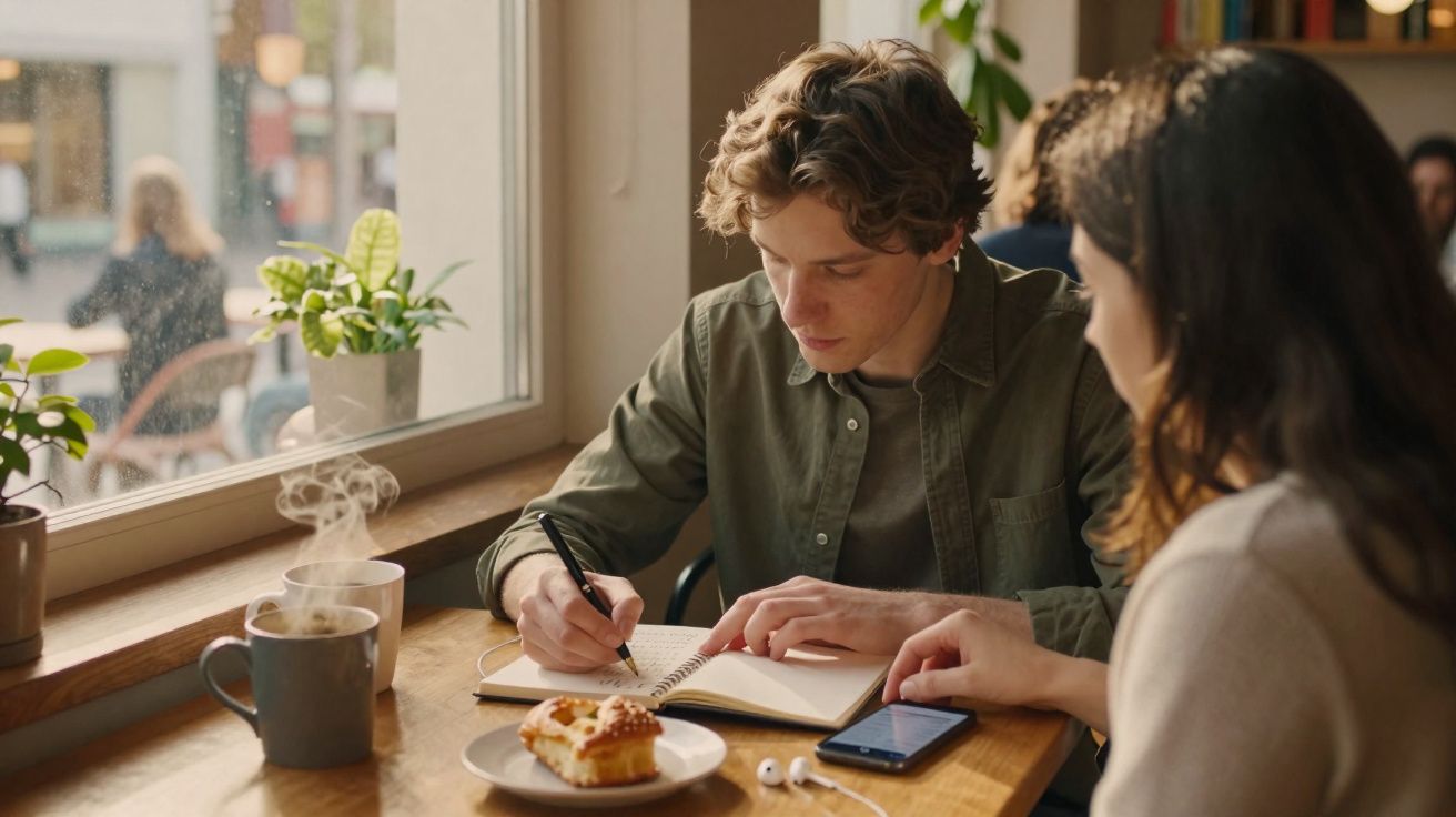 Dois jovens em cafeteria, um escrevendo em caderno e outro mostrando celular, com xícaras e lanche na mesa.
