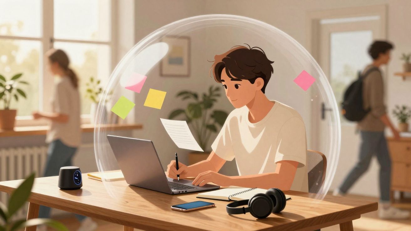 Jovem estudando isolado em bolha protetora, com laptop, cadernos e fones sobre mesa de madeira.
