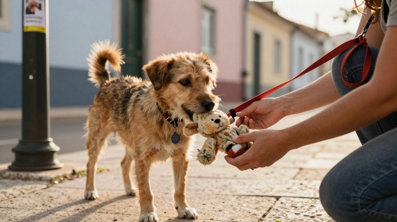 Cachorro marrom brinca com pessoa que segura brinquedo de pelúcia na rua durante o dia.