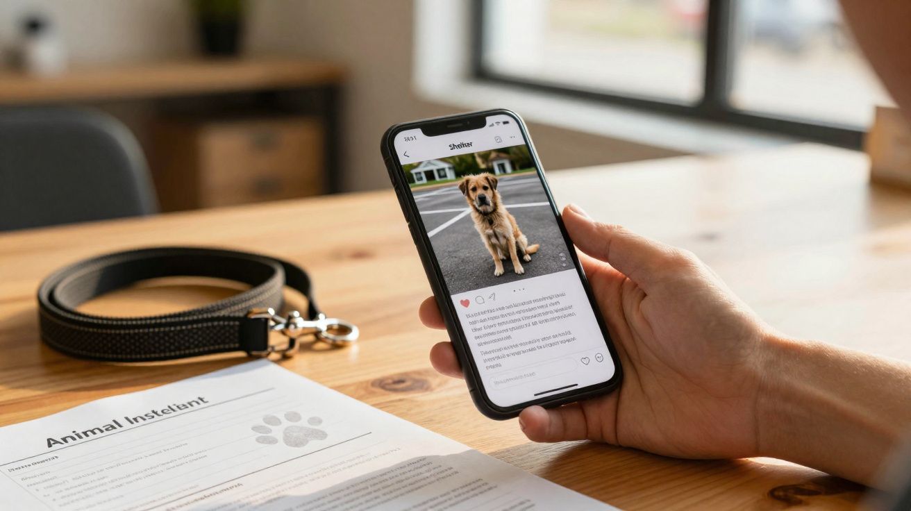 Pessoa segurando celular com foto de cachorro perdido e um documento de animal desaparecido sobre a mesa