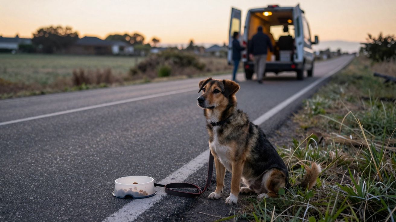 Cachorro preso na coleira sentado ao lado de uma estrada, com pote de ração e van ao fundo no pôr do sol.