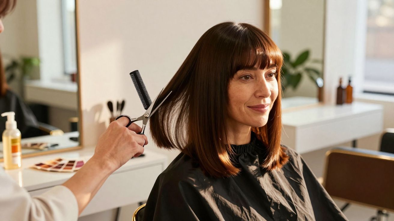 Mulher sorridente tendo cabelo cortado por cabeleireiro em salão de beleza moderno e iluminado.