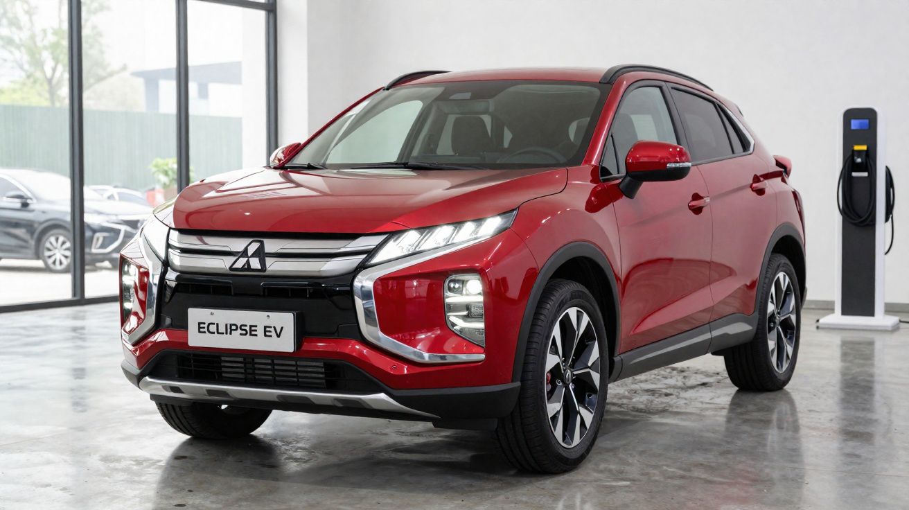 Carro SUV vermelho Mitsubishi Eclipse EV estacionado em ambiente interno próximo a estação de recarga elétrica.