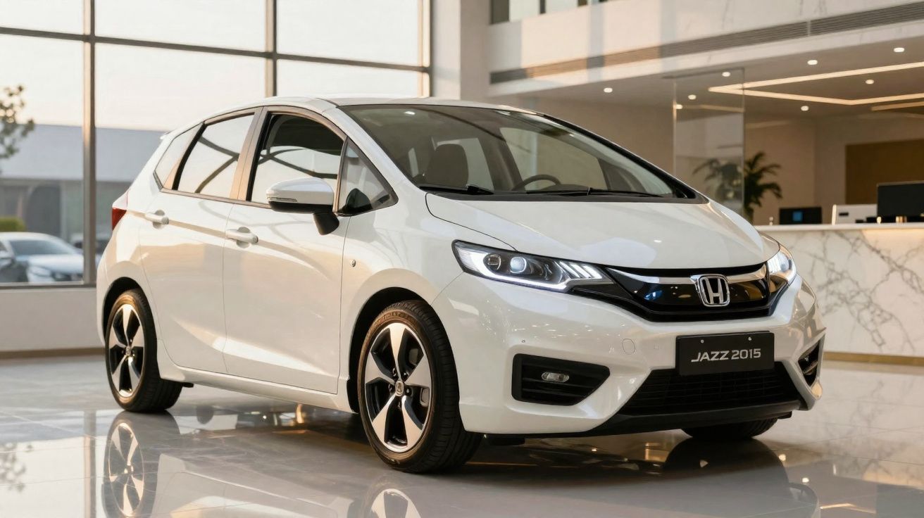 Carro branco Honda Jazz 2015 estacionado em showroom com piso brilhante e paredes de vidro.