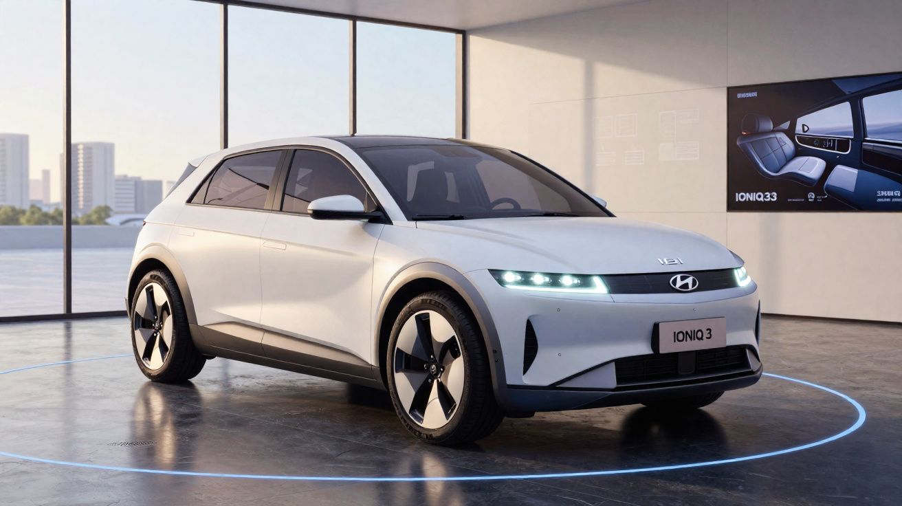 Carro elétrico Hyundai Ioniq 3 branco exibido em showroom moderno com janelas amplas.