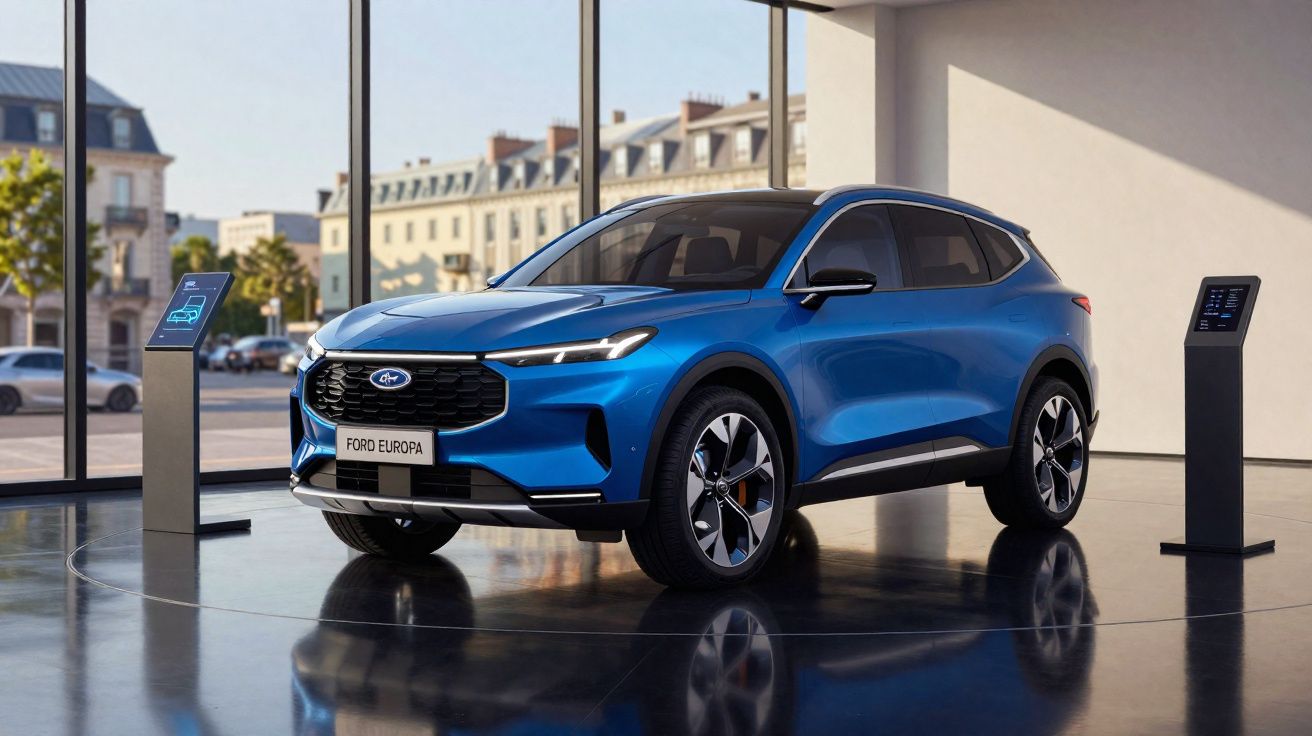 SUV azul da Ford modelo Europa exibido em showroom moderno com janelas grandes e iluminação natural.