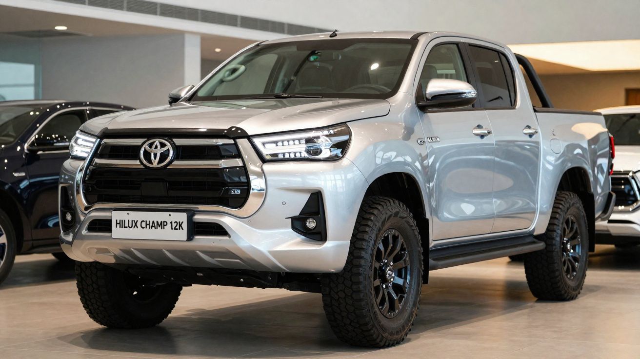 Picape Toyota Hilux Champ 12K prata exibida em showroom com iluminação interna.