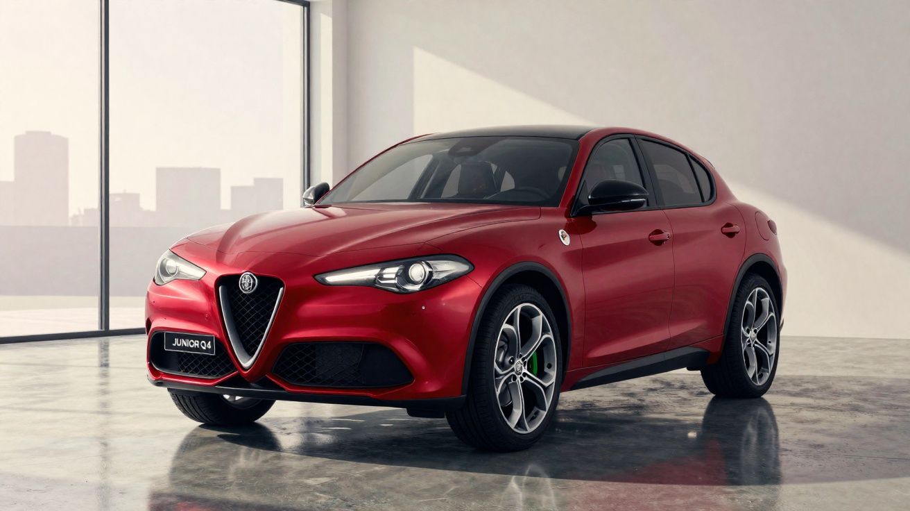 Carro Alfa Romeo vermelho modelo Junior Q4 estacionado em piso de concreto com luz natural.