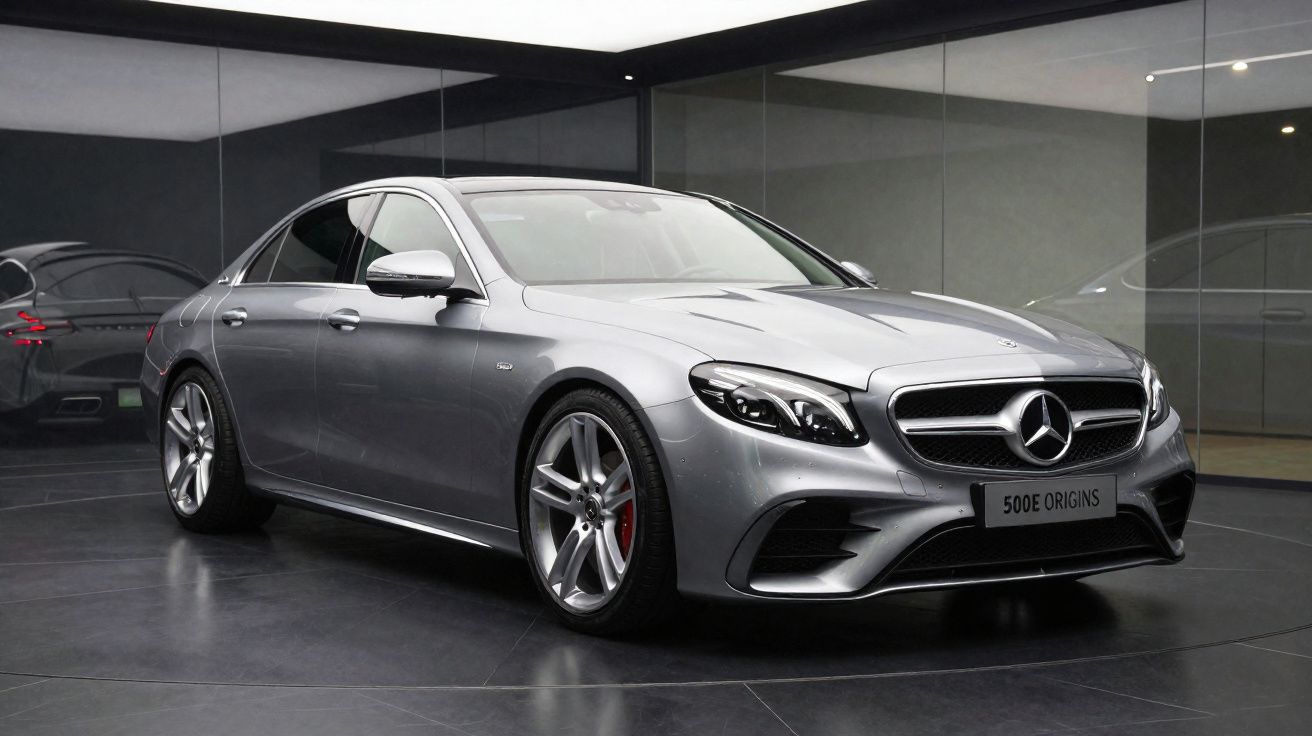 Carro sedan prata Mercedes-Benz 500E Origins em showroom com piso e paredes espelhadas.