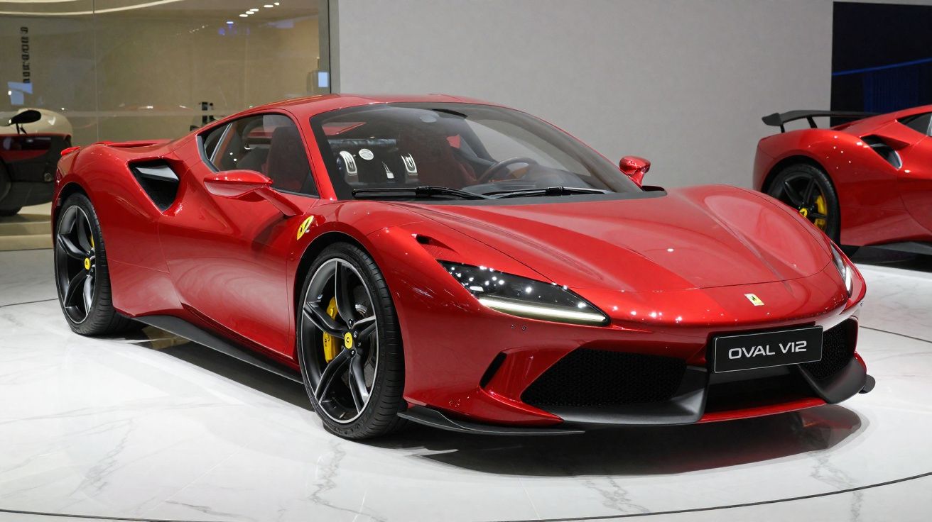 Carro esportivo Ferrari vermelho brilhante modelo Oval V12 exposto em showroom moderno.
