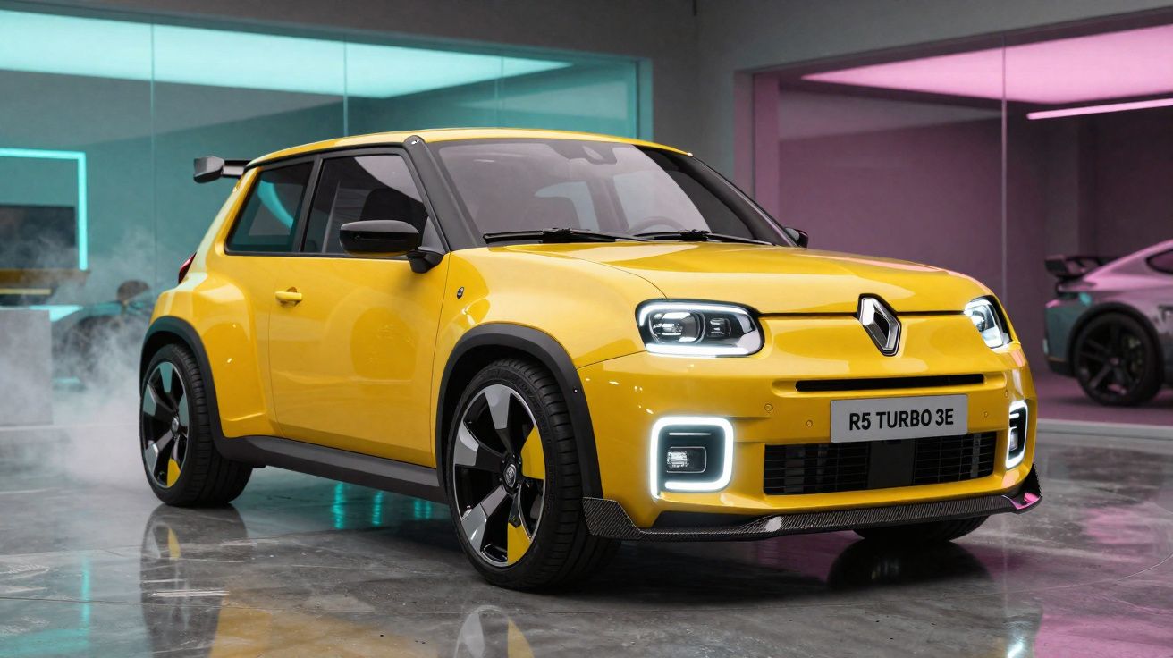 Carro Renault R5 Turbo 3E amarelo em exposição, com faróis e lanternas dianteiras acesas.