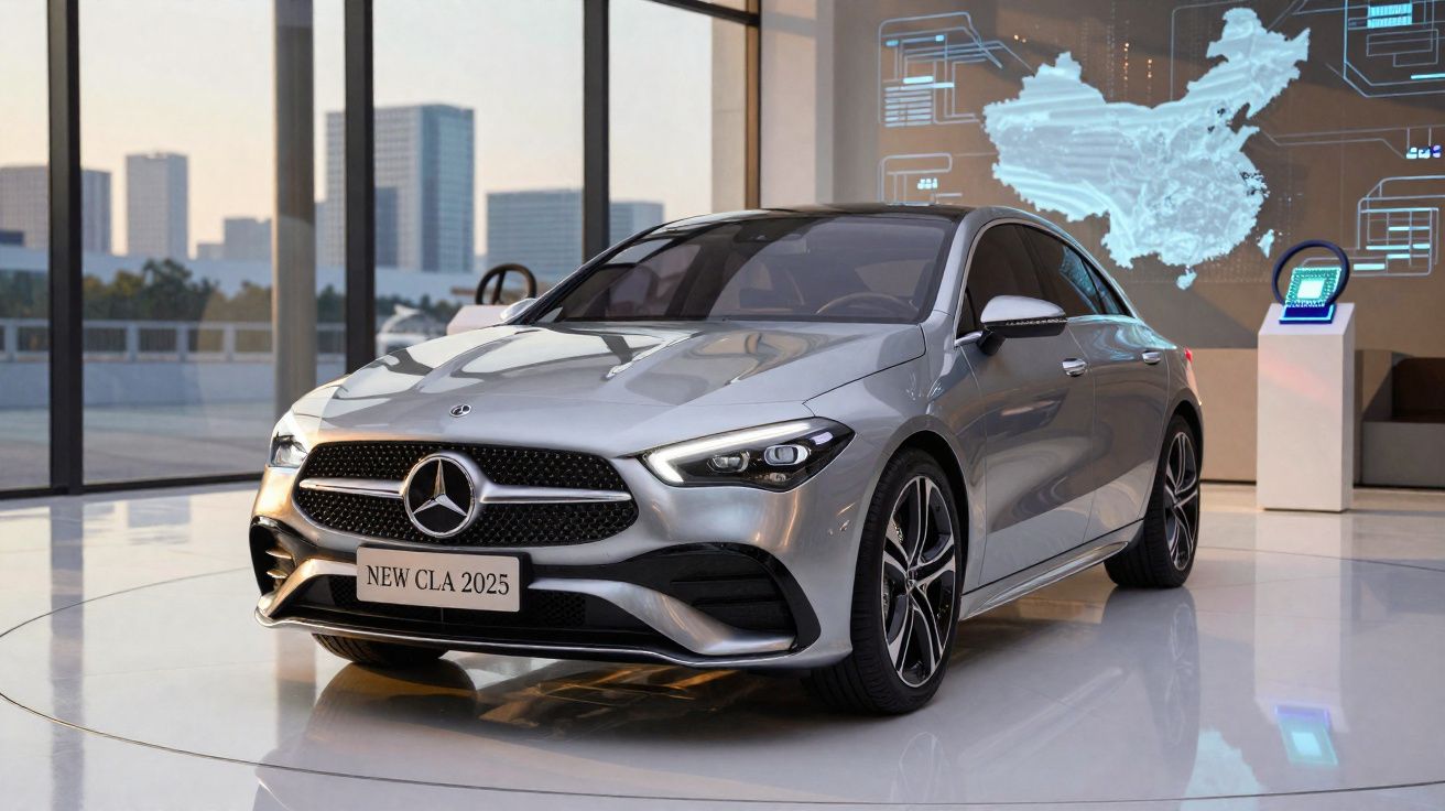 Carro Mercedes-Benz prata modelo New CLA 2025 exposto em ambiente moderno e iluminado.