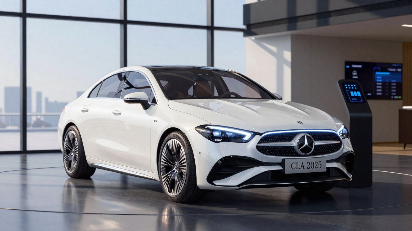 Carro branco Mercedes-Benz CLA 2025 em exposição interna com janelas grandes ao fundo.