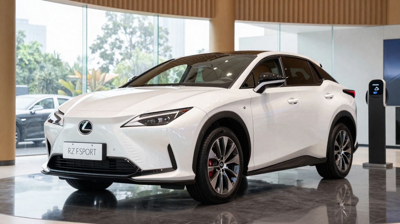 Carro SUV branco Lexus RZ F Sport em exposição dentro de showroom moderno e iluminado.