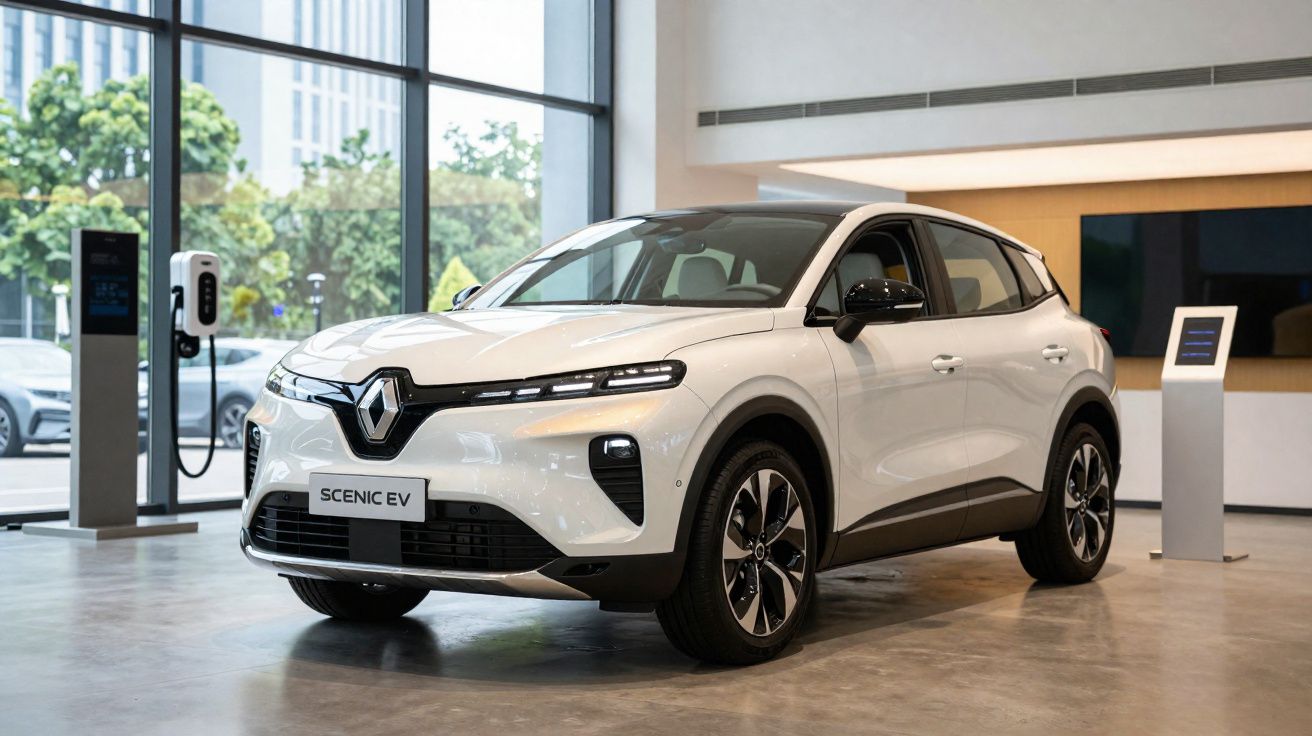 Carro elétrico branco Renault Scenic EV em exposição interna com estação de recarga ao fundo.