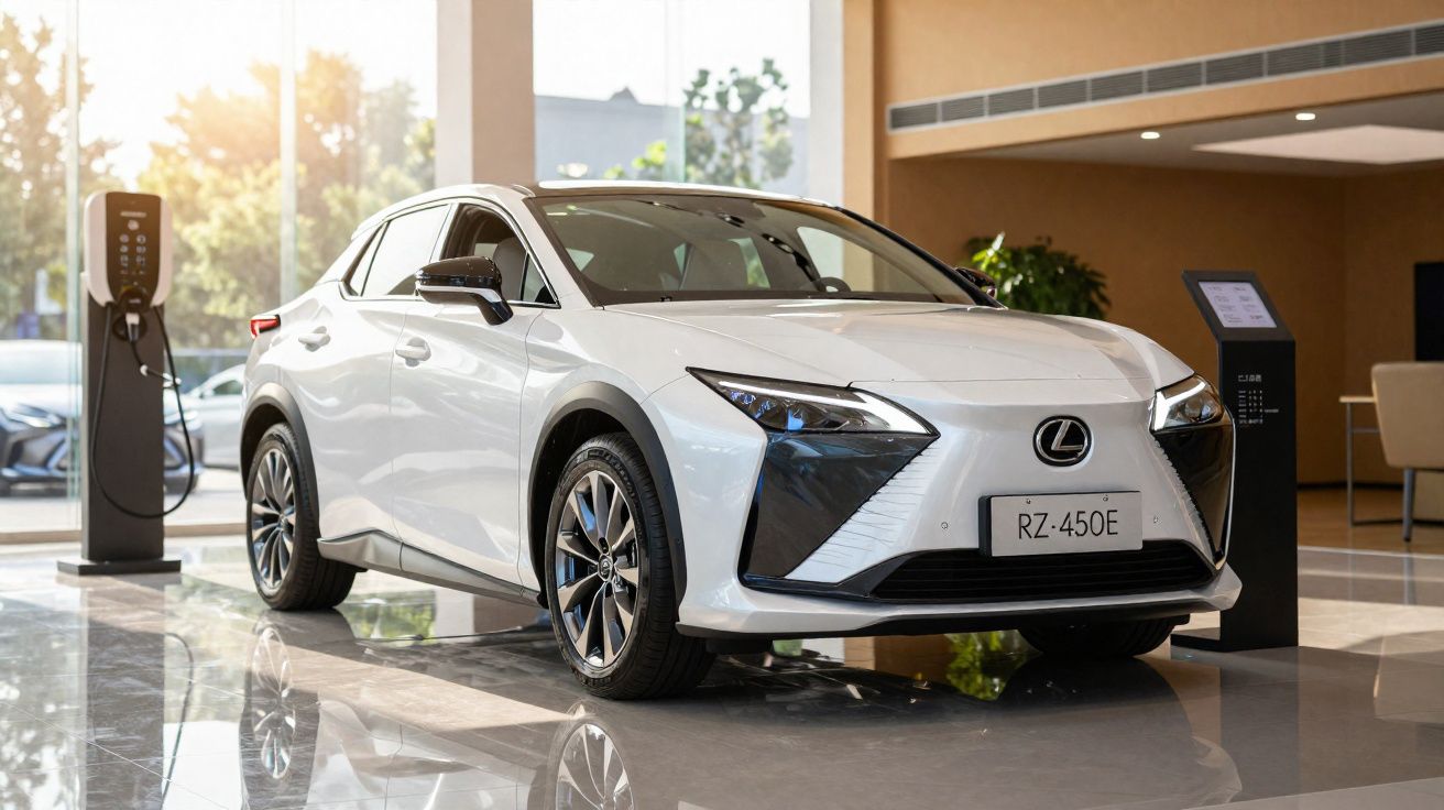 Carro elétrico branco Lexus modelo RZ-450E em exposição com carregador ao lado em ambiente interno.