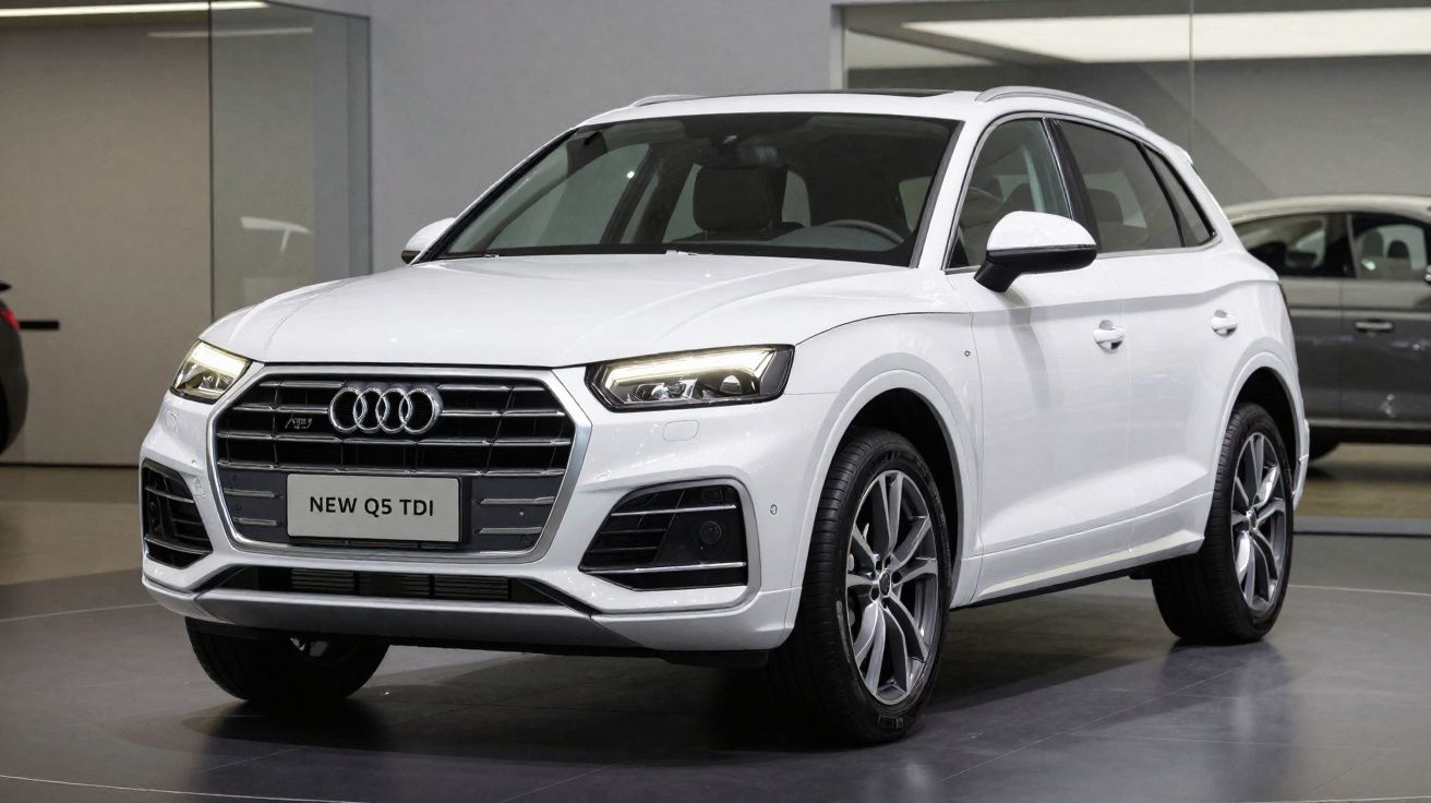 Audi Q5 TDI branco estacionado em ambiente interno, vista frontal e lateral direita.