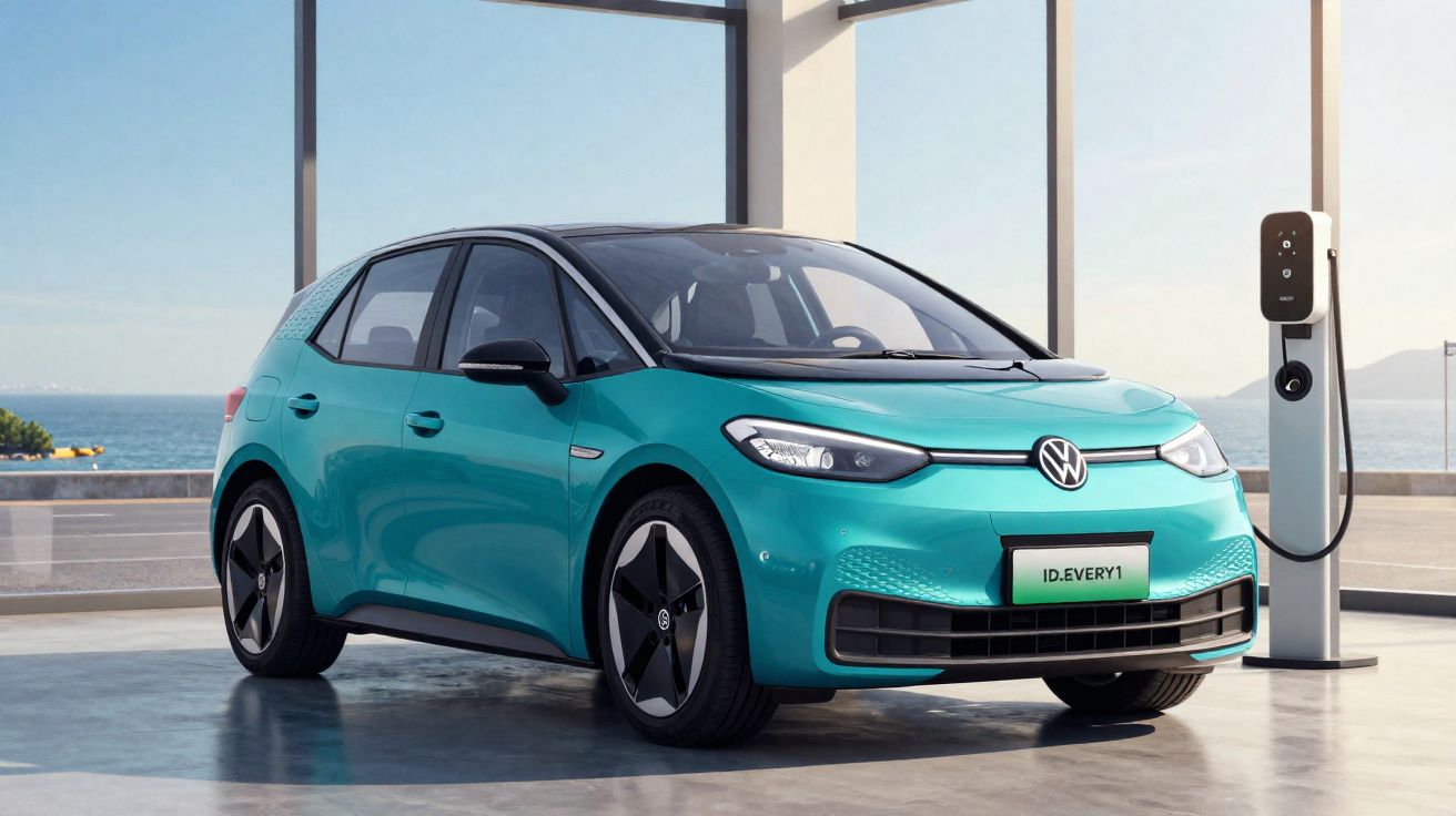Carro elétrico Volkswagen ID. Every1 azul claro estacionado próximo a estação de recarga em ambiente interno com vista para o