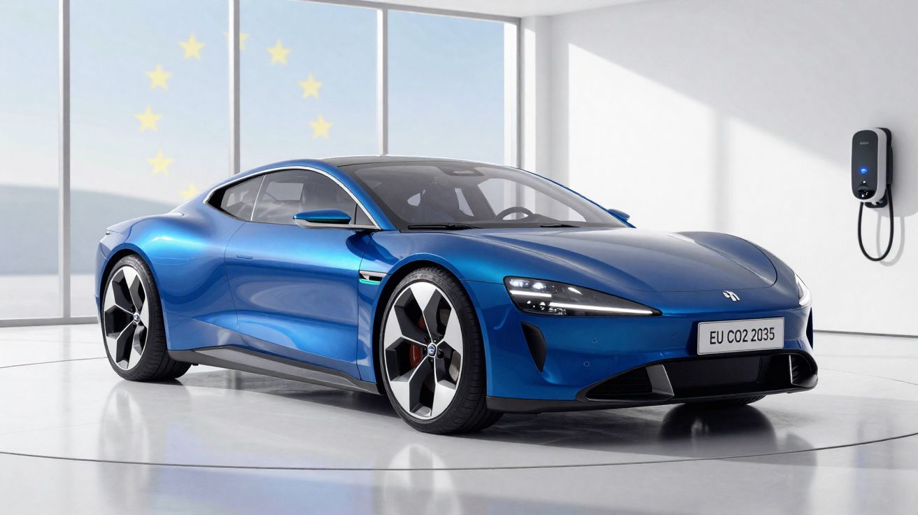 Carro esportivo elétrico azul em showroom minimalista com carregador na parede e janela com estrelas da UE.