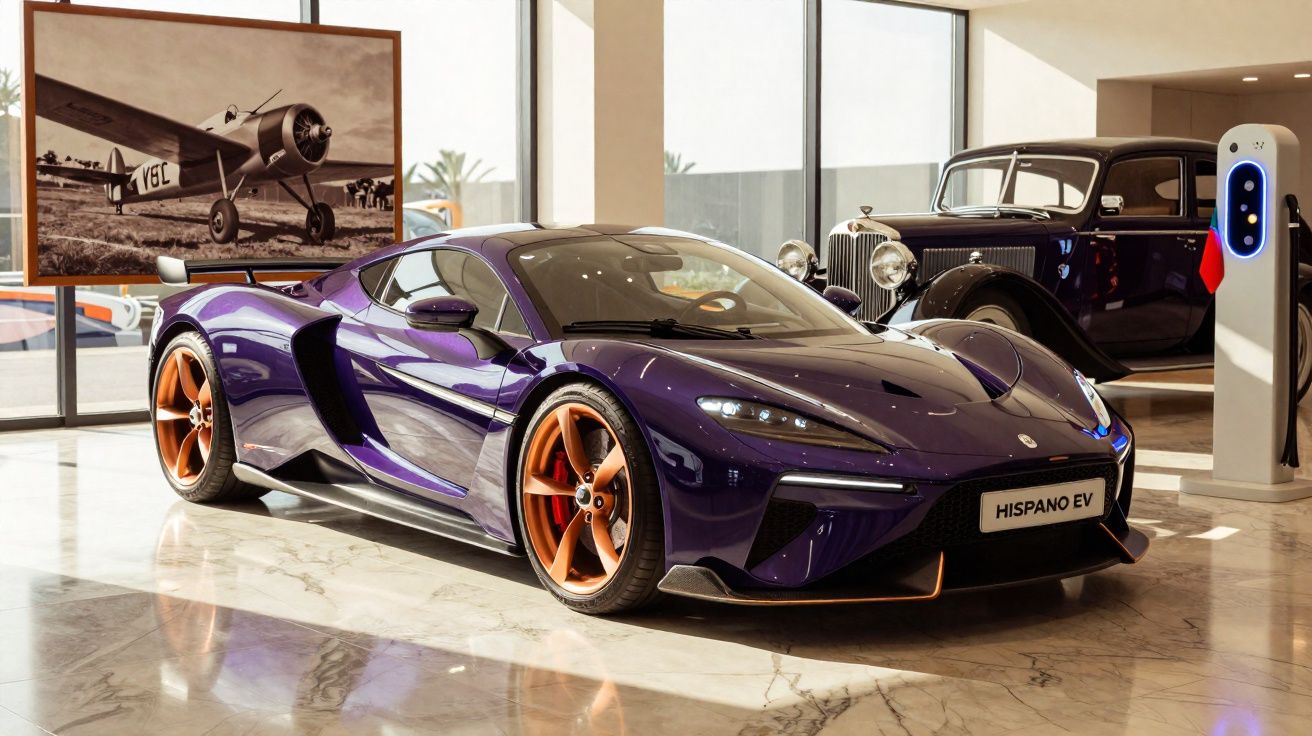 Carro esportivo elétrico roxo Hispano EV em exposição com carro antigo e avião ao fundo.
