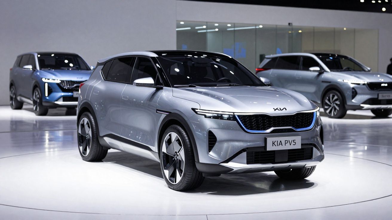 Carro elétrico Kia EV6 prata exibido em ambiente de salão automotivo com outros modelos ao fundo.