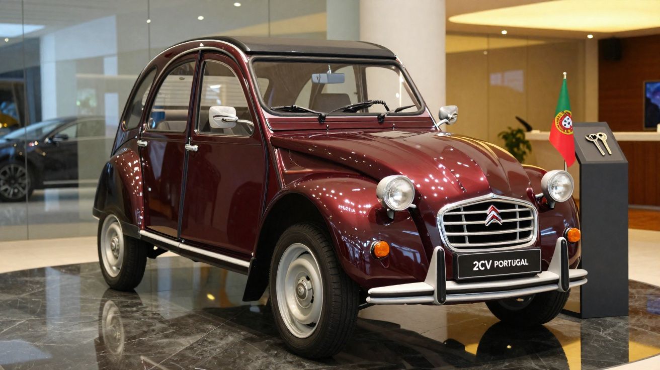 Carro Citroën 2CV vintage vinho em exposição interna com placa Portugal e bandeira portuguesa.