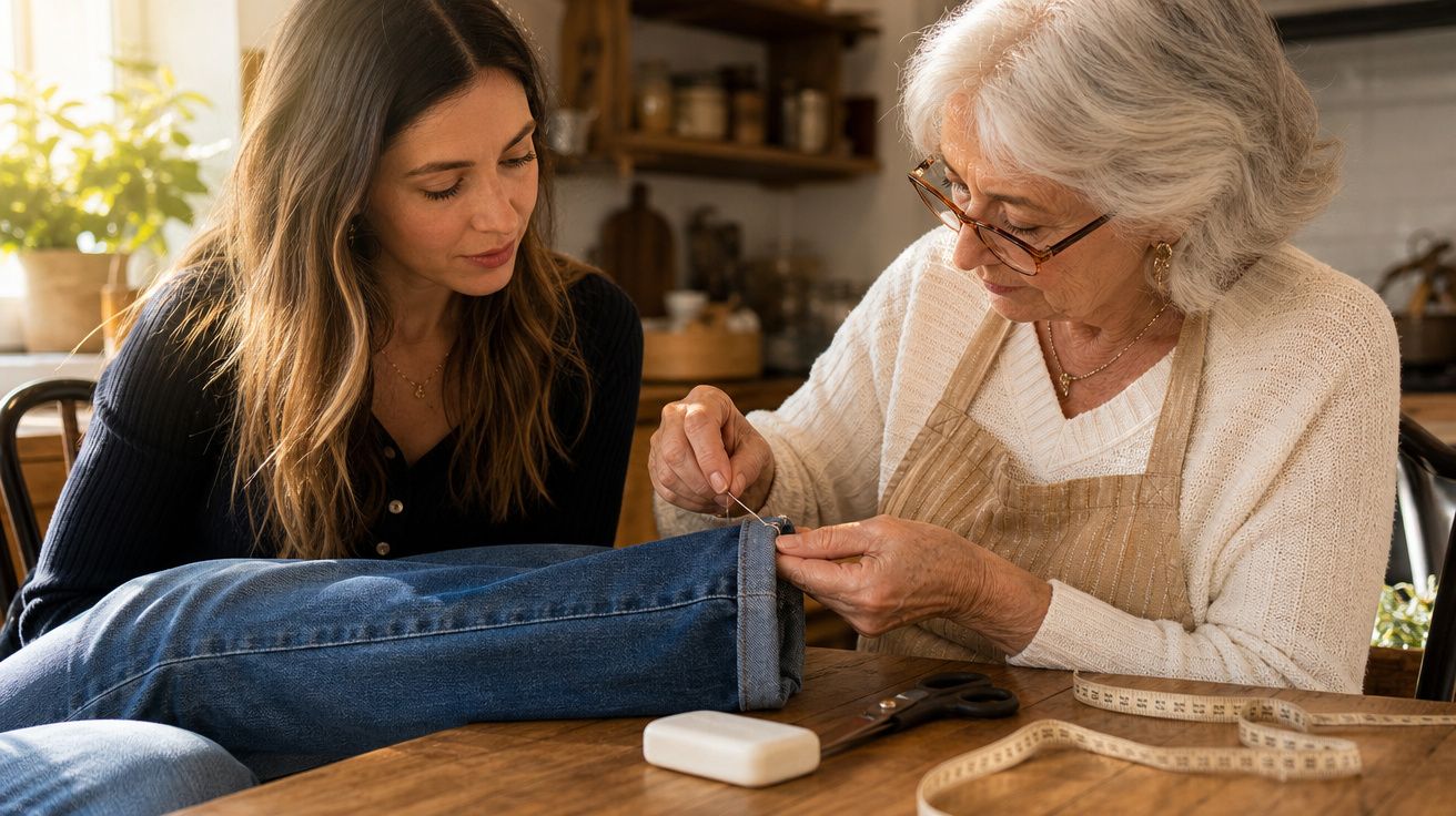 Idosa costurando barra de calça jeans para mulher mais jovem sentadas à mesa de madeira.