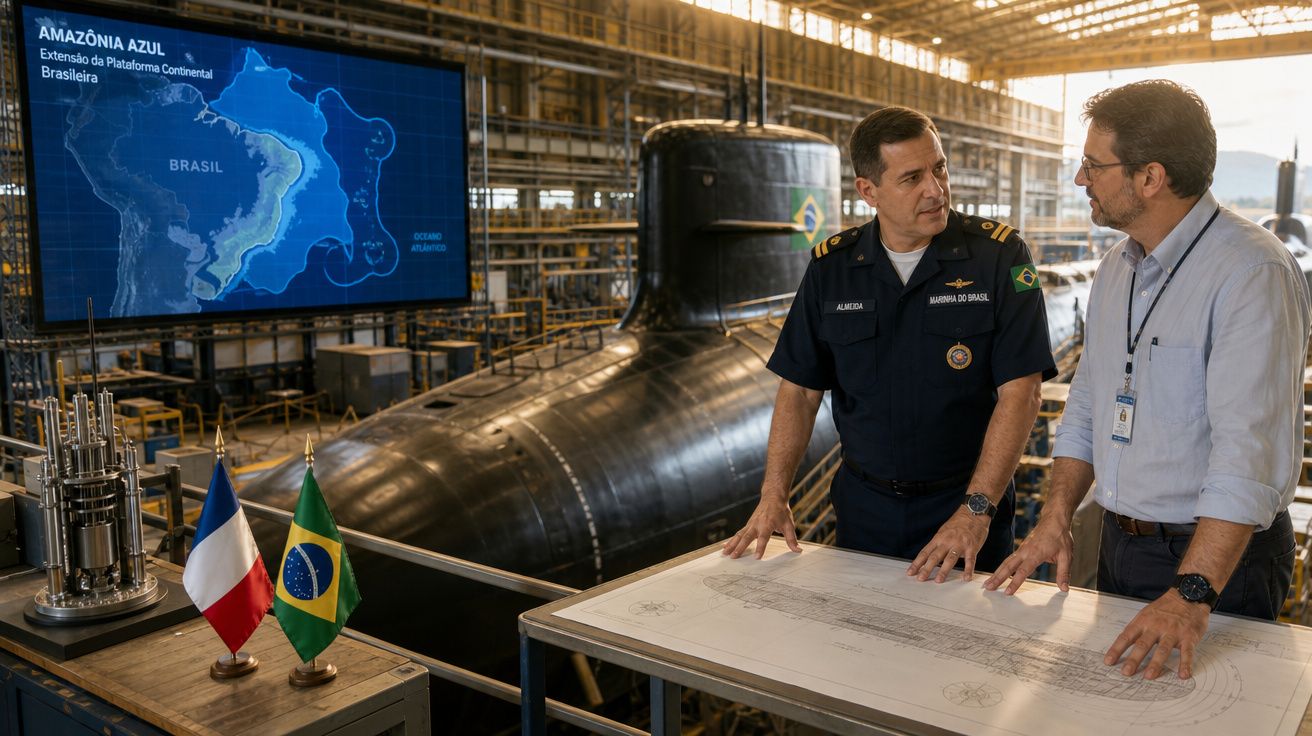 Dois homens discutem planos técnicos em estaleiro com submarino e mapa da Amazônia Azul ao fundo.