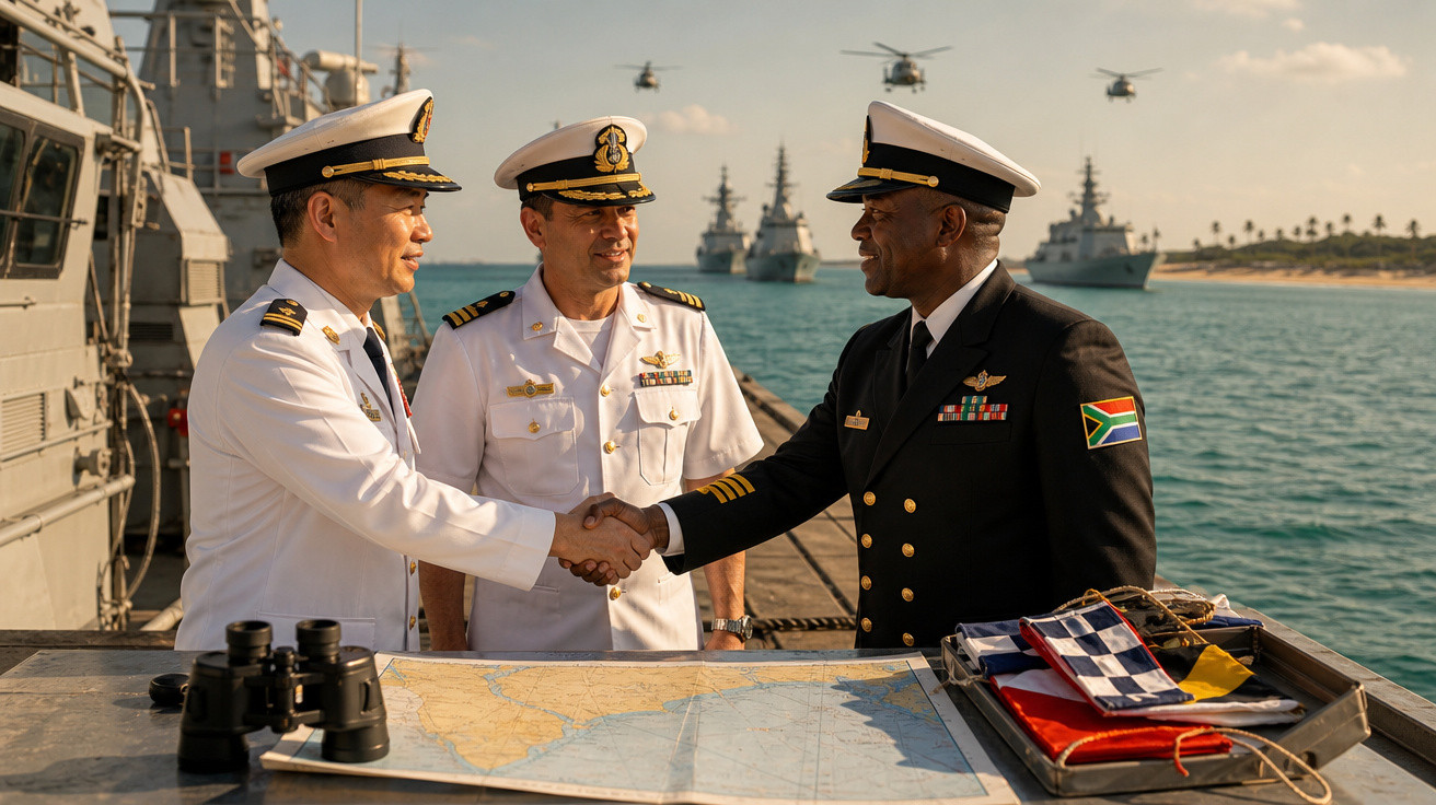 Três oficiais da marinha apertando as mãos em um convés com navios e helicópteros ao fundo.
