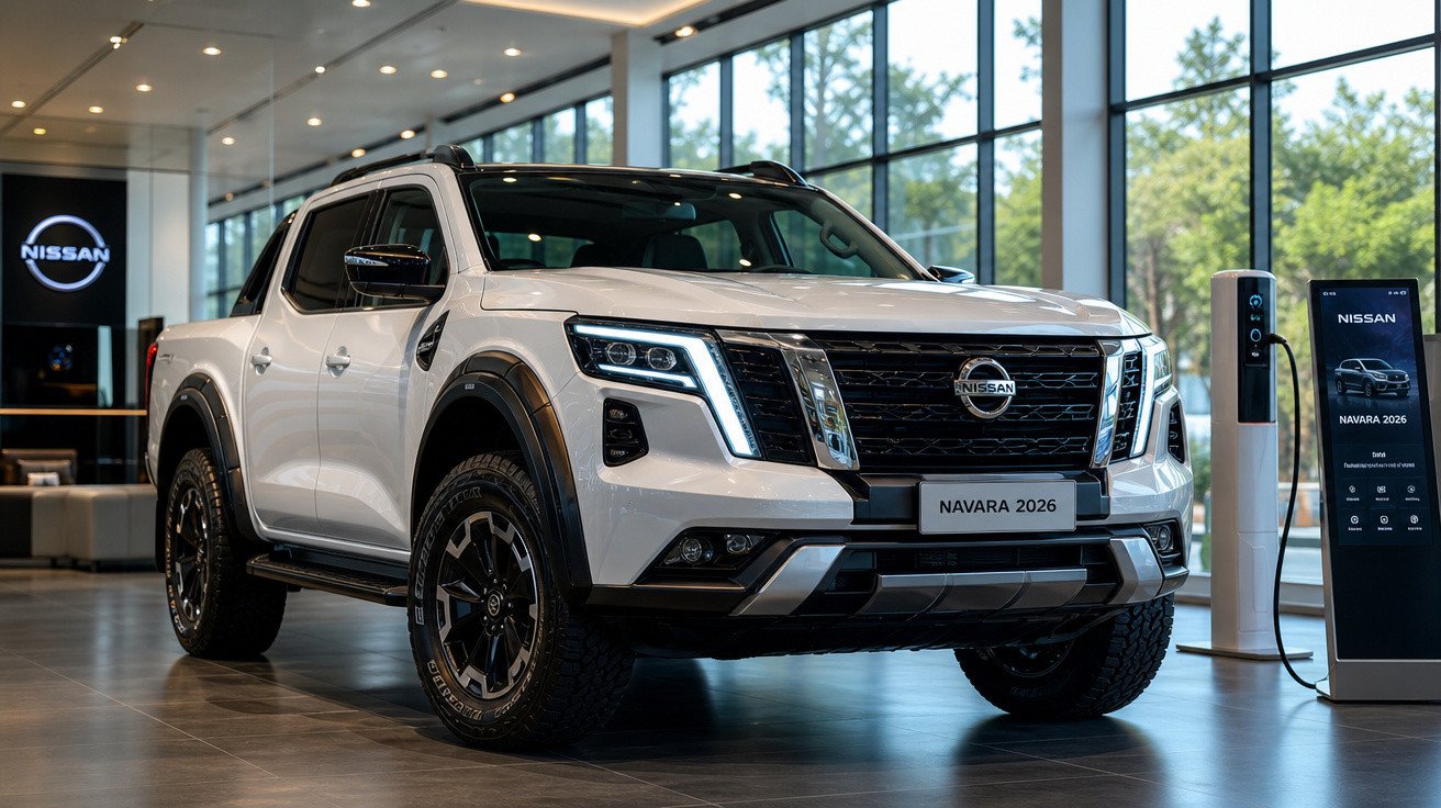 Picape Nissan Navara 2026 branca em exposição dentro de showroom moderno com iluminação natural ampla.