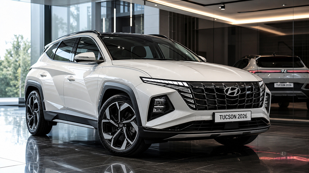 Carro SUV Hyundai Tucson 2026 branco exibido em showroom moderno com piso refletivo.