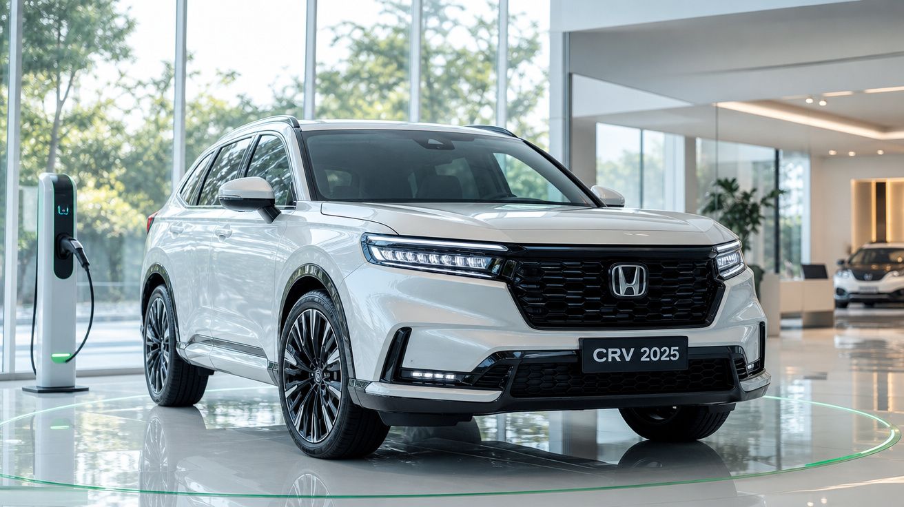 Carro Honda CR-V 2025 branco exposto em showroom ao lado de posto de carregamento elétrico.
