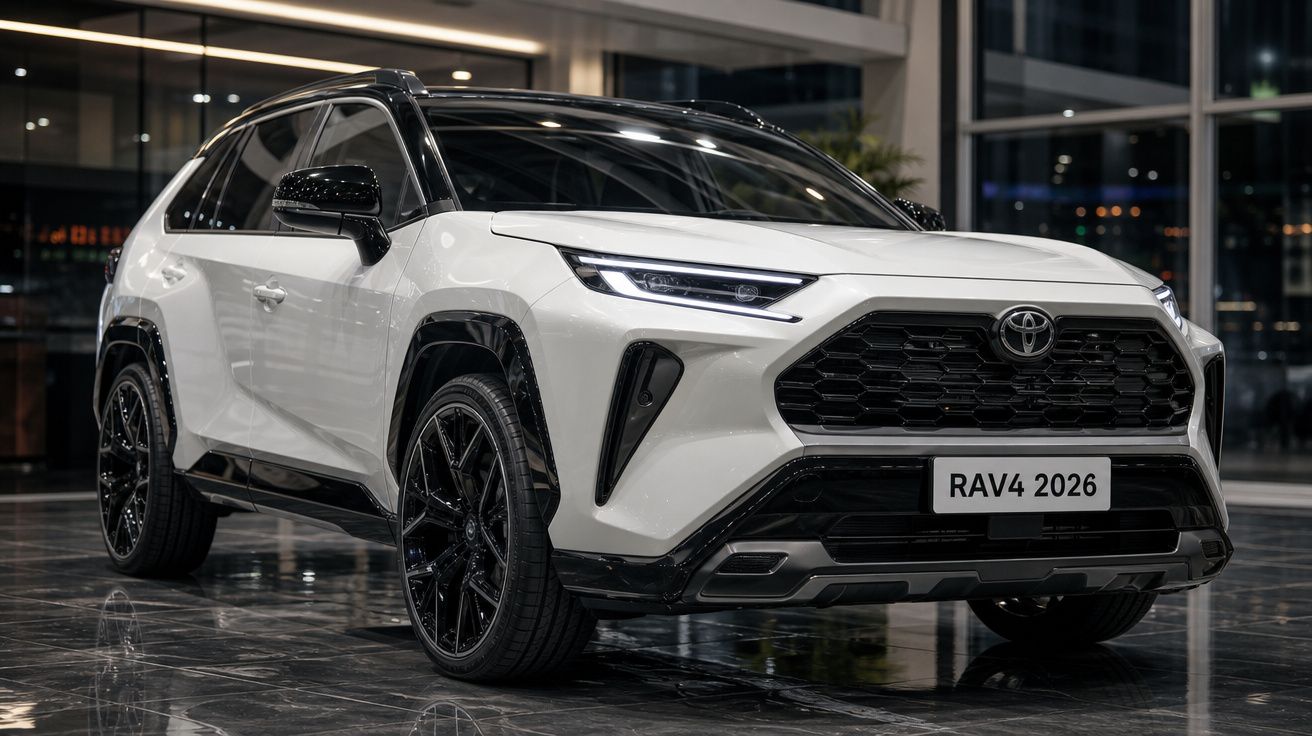 SUV Toyota RAV4 2026 branco com teto preto exposto em showroom moderno com piso refletivo.