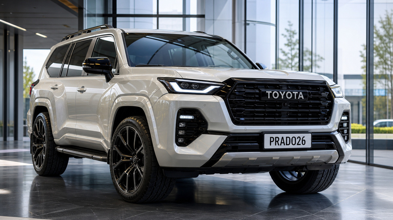 Carro Toyota utilitário esportivo branco modelo Prado exibido em showroom moderno com piso brilhante.