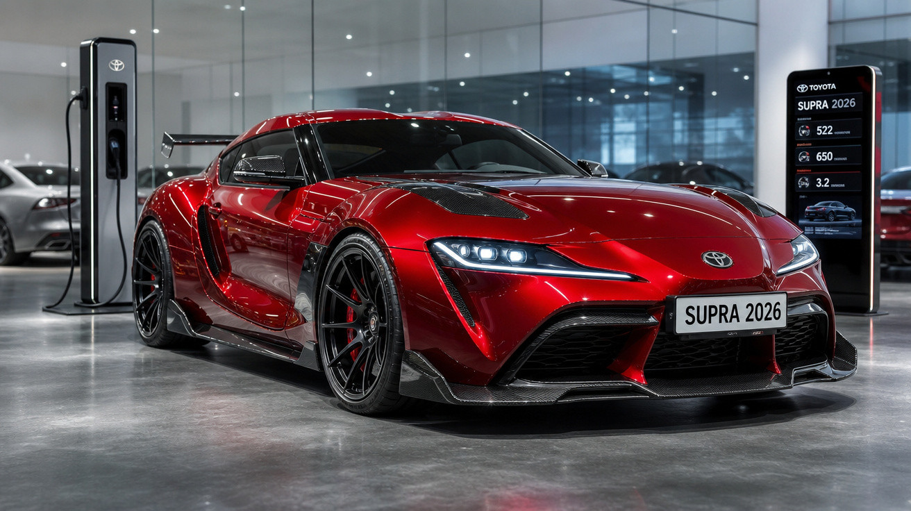 Carro esportivo Toyota Supra 2026 vermelho em showroom com carregador elétrico ao fundo.
