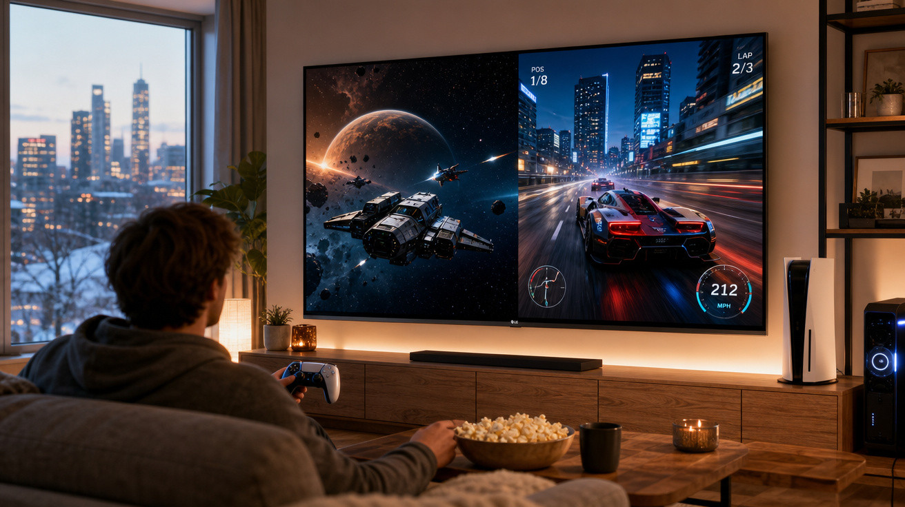 Jovem jogando videogame em sala moderna com TV grande mostrando corrida e espaço sideral.