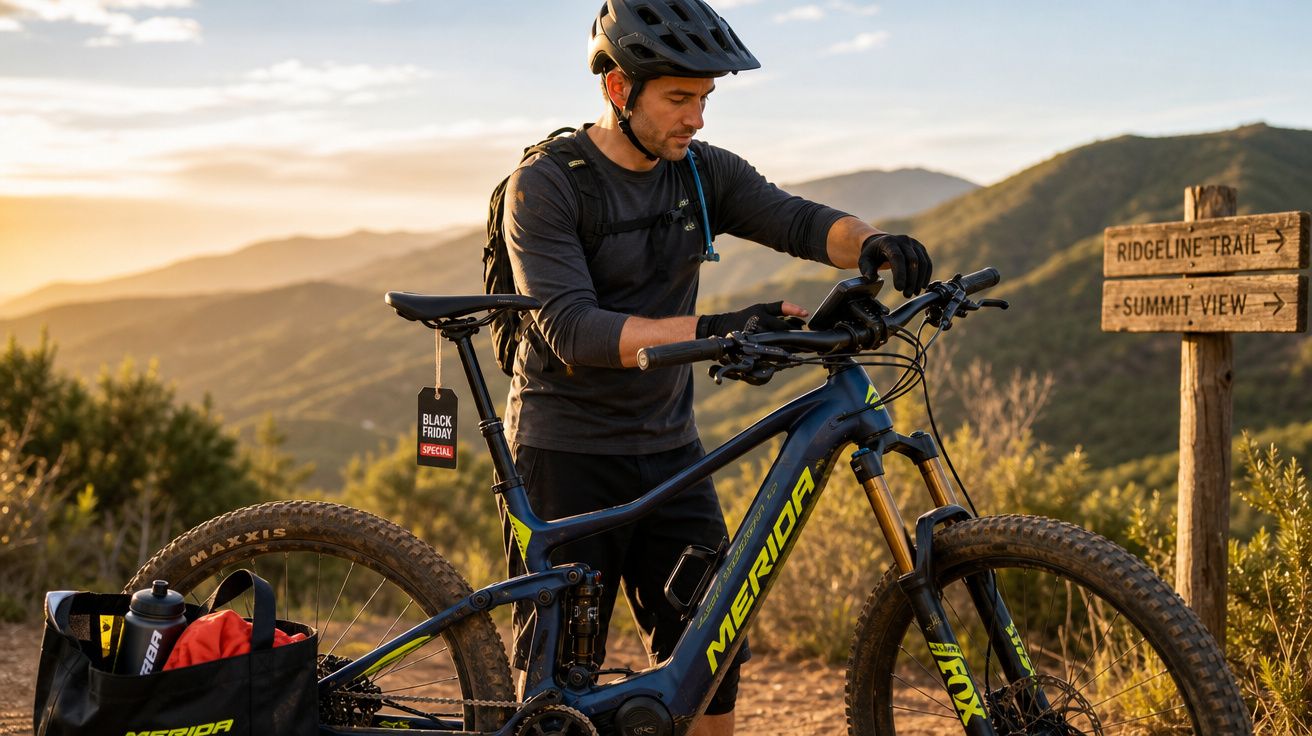 Homem com capacete ajusta bicicleta Merida em trilha de montanha ao pôr do sol, com placas de direção ao fundo.