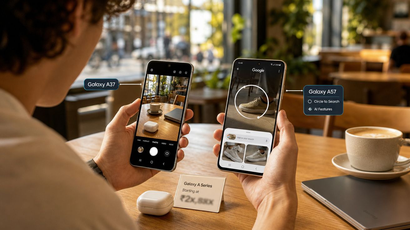 Pessoa segurando dois smartphones Galaxy A37 e Galaxy A57 em uma mesa com café e fones de ouvido.